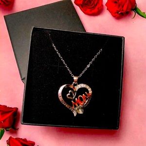 Silver Mom Heart Pendant w Cubic Zirconium Accents Necklace Gift For Mom